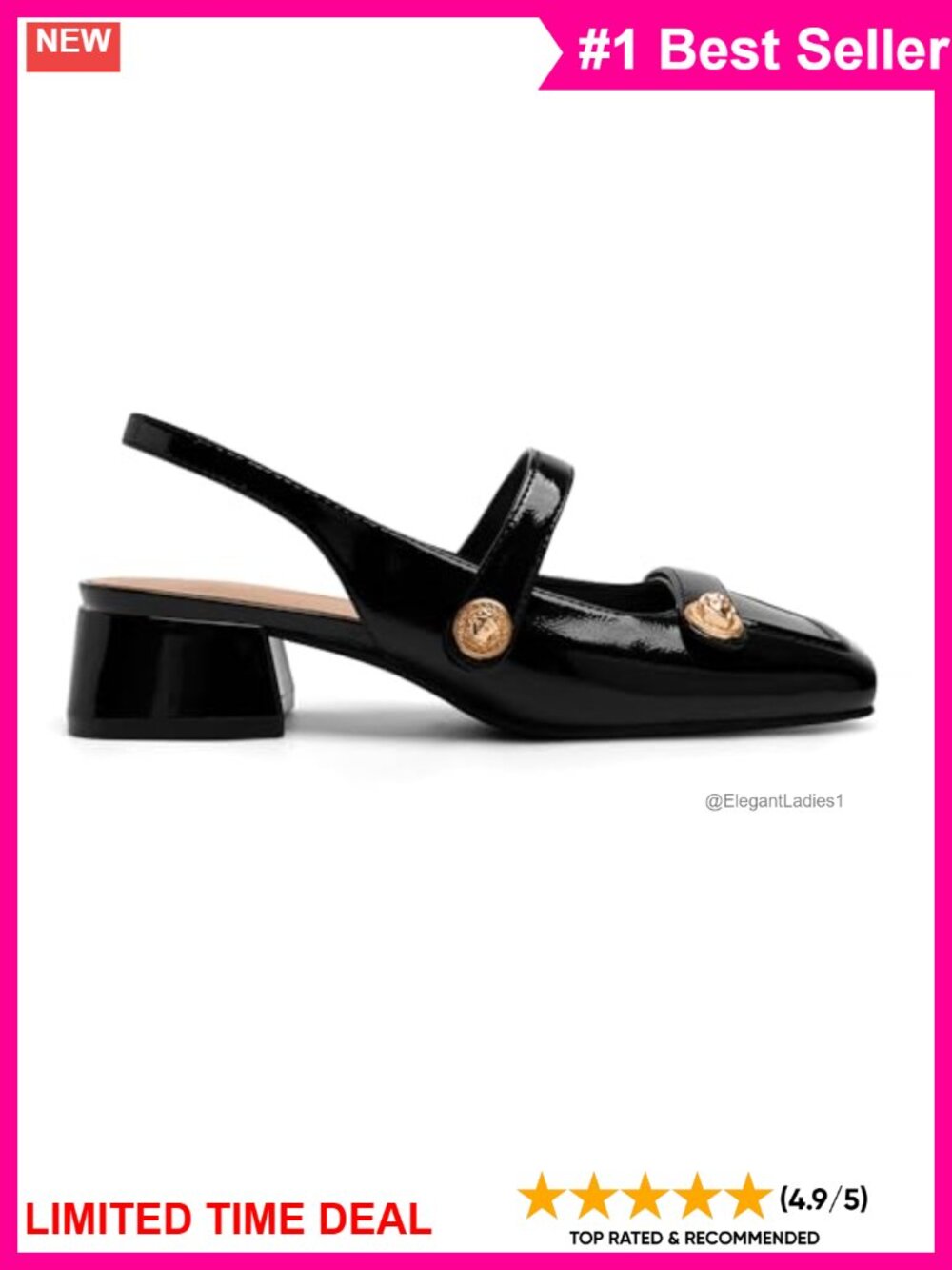 Slingback Mary Jane Heels Low Block Heel Closed Square Toe Faux Leather Pumps